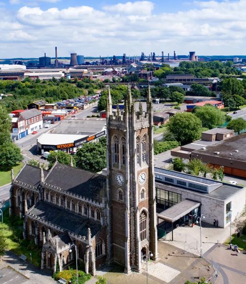 Exterior shot from above of 20-21 visual arts centre (a former church) in Scunthorpe