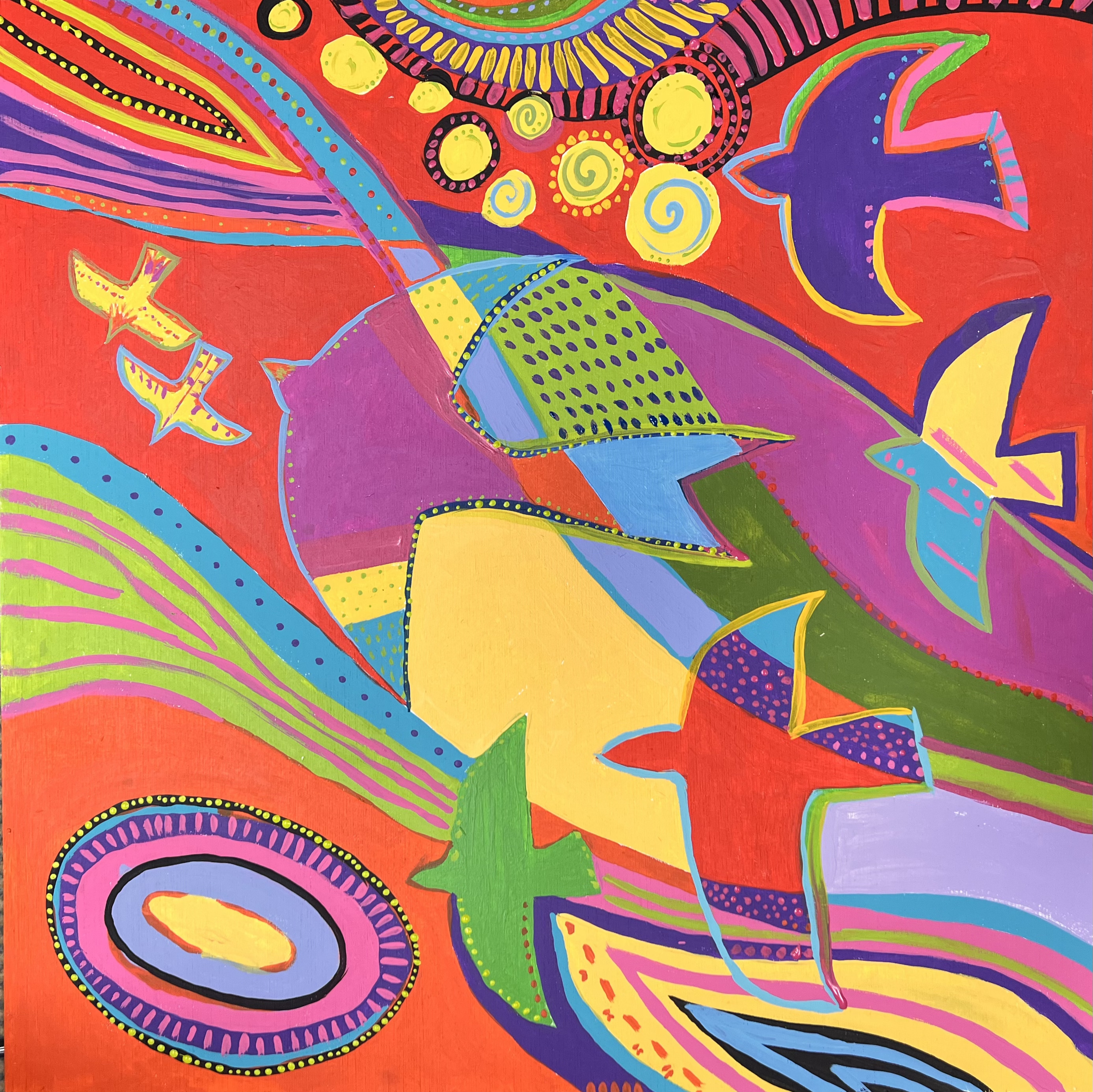 Brightly coloured painting of wild free birds in flight