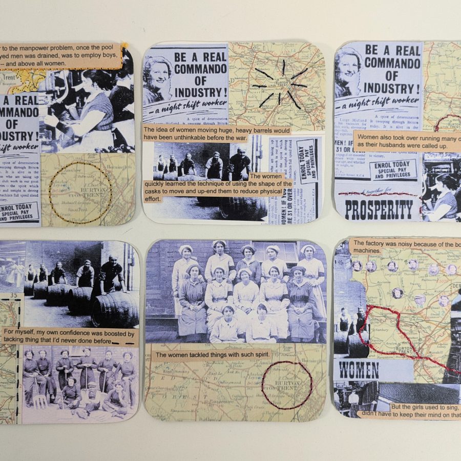 Group of beermats with paper collaged artwork on the design