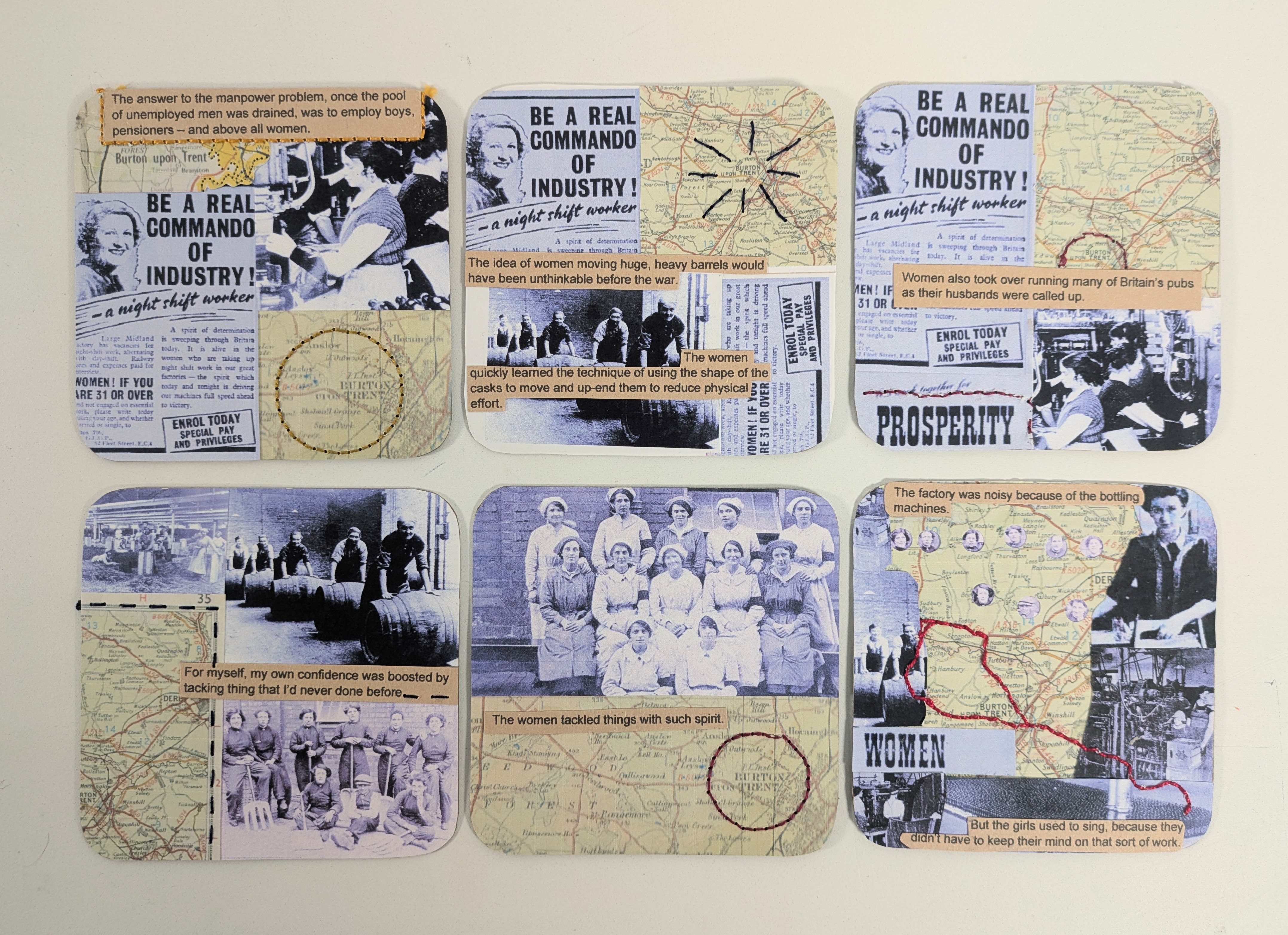 Group of beermats with paper collaged artwork on the design