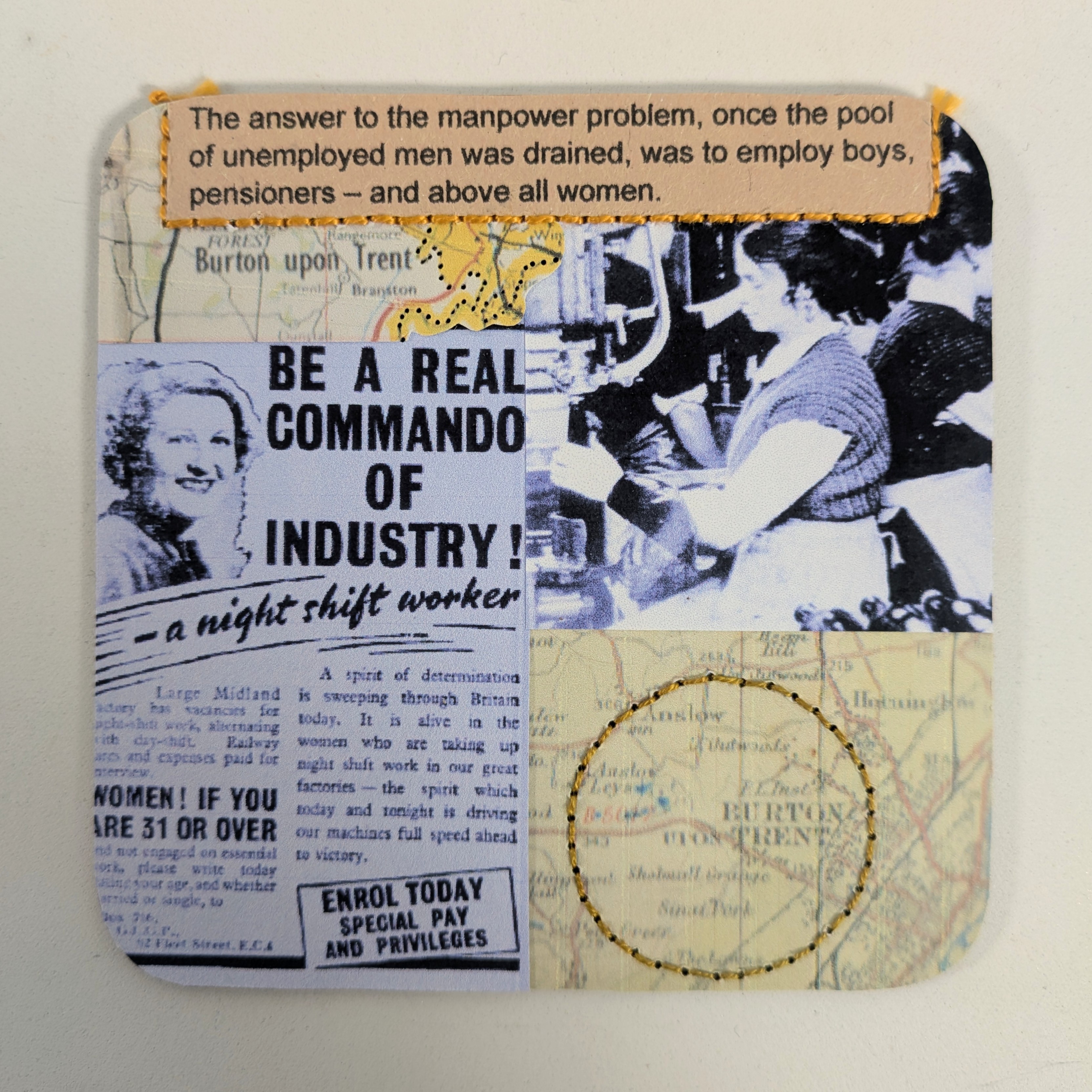 A beermat with collaged work created by a workshop participant