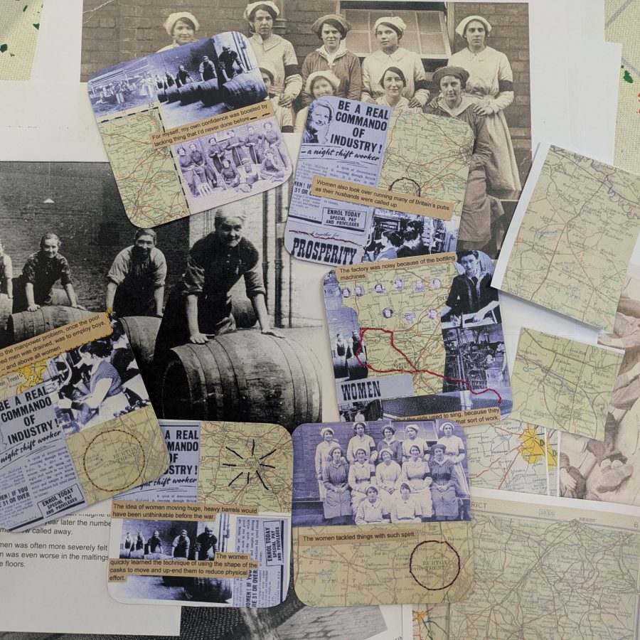 Group of beermats with paper collaged artwork on the design