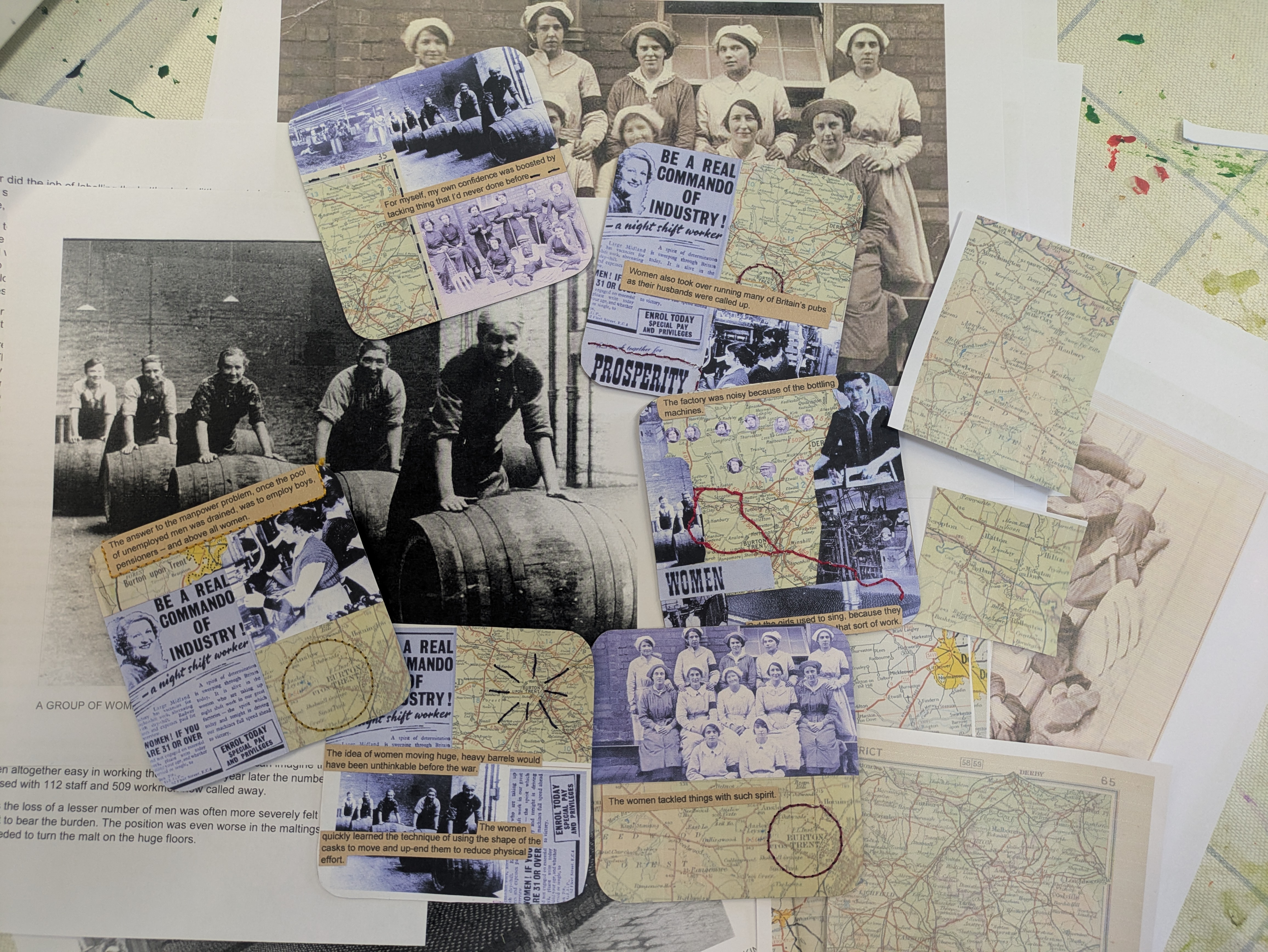 Group of beermats with paper collaged artwork on the design