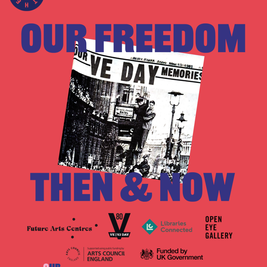 A cutting from a newspaper celebrating VE day set against a red/ pink background with blue text and logos