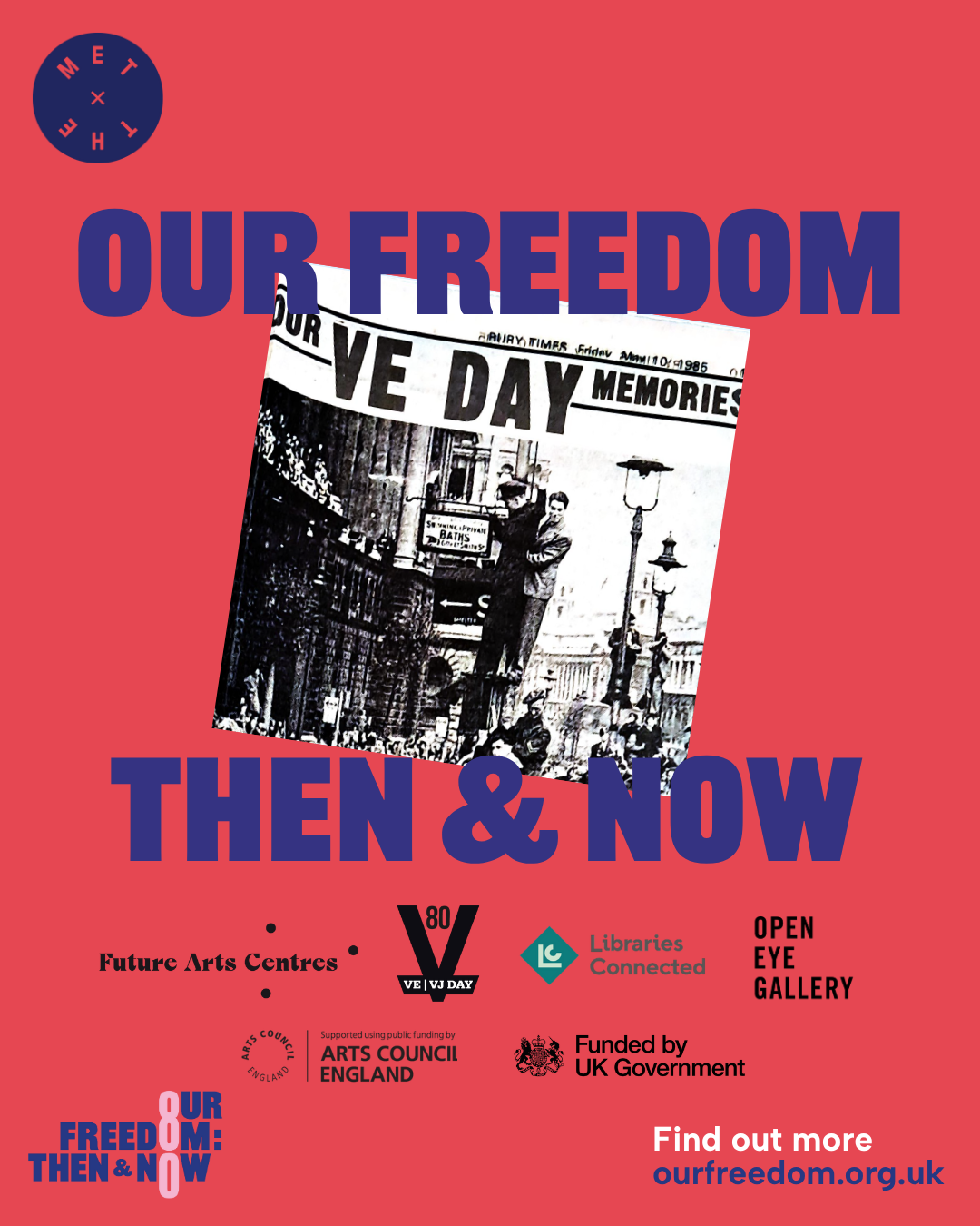 A cutting from a newspaper celebrating VE day set against a red/ pink background with blue text and logos