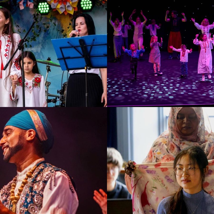 A collage of four photos showcasing diverse cultural performances. Top left: three women and a young girl in embroidered traditional Ukrainian dresses sing on stage. Top right: a large group of children and adults in traditional Ukrainian costumes dance together under purple stage lights. Bottom left: a smiling Sikh man in a blue turban and ornate costume sings into a microphone. Bottom right: an older Black woman drapes a floral scarf around a young Asian girl’s shoulders in a workshop setting.