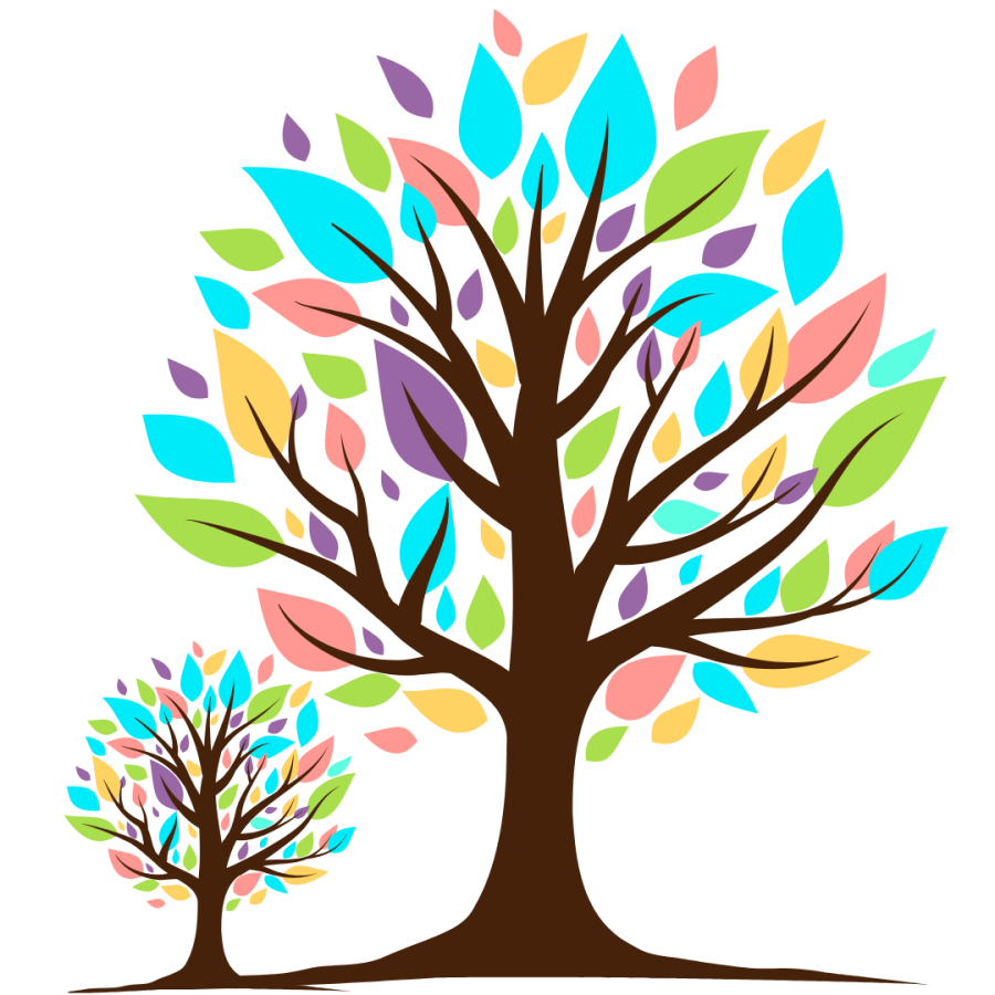 Two different sized trees with with blue