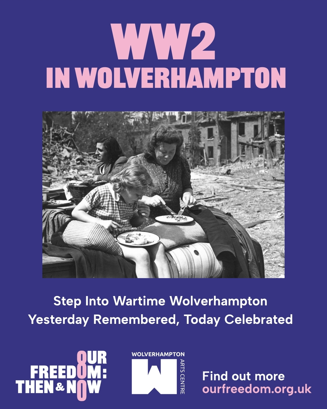 A woman and a child eat dinner on a bombsite