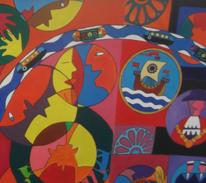 A colourful mural depicting faces and figures