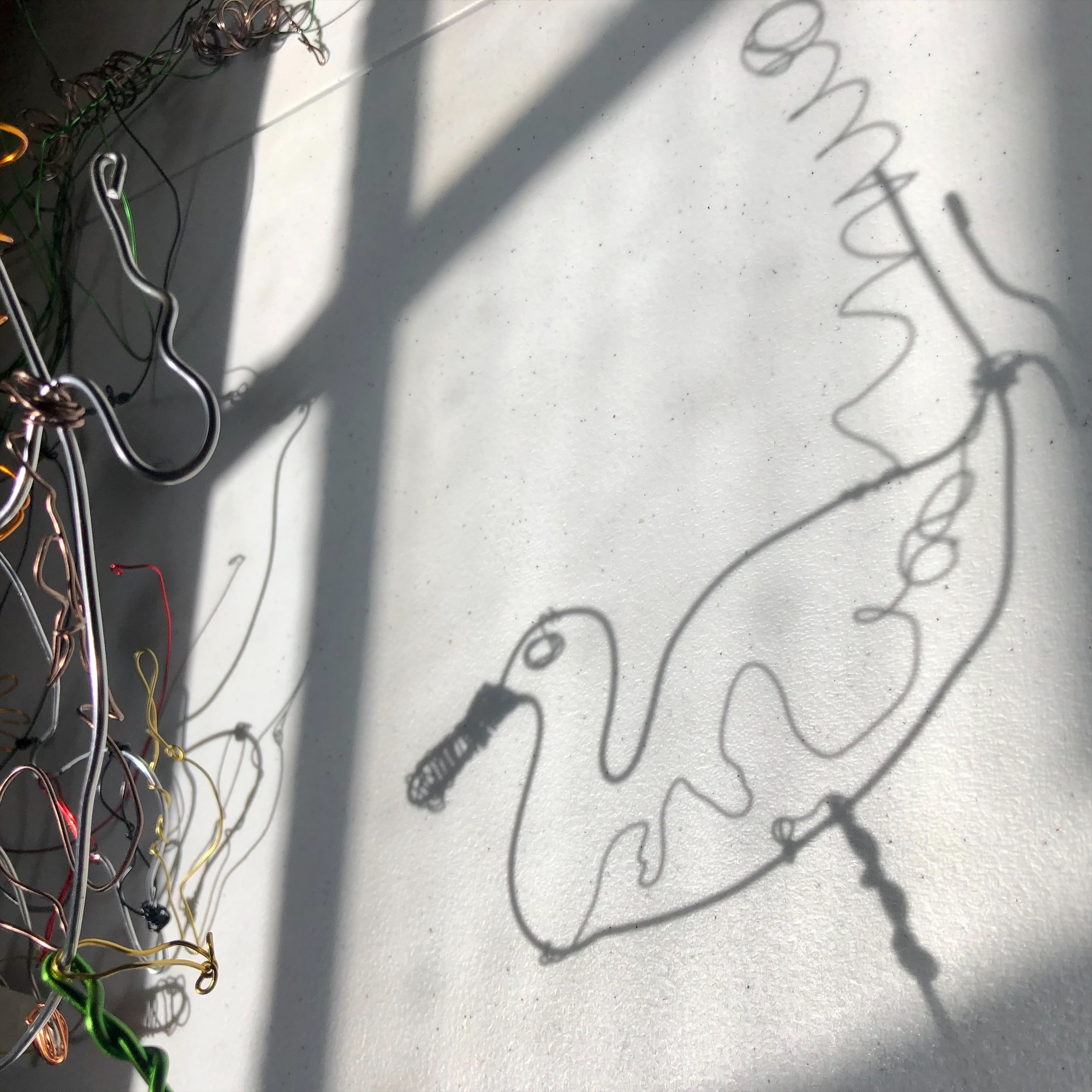 Artwork by Lise Bennett of a wire sculpture of a duck casting a shadow