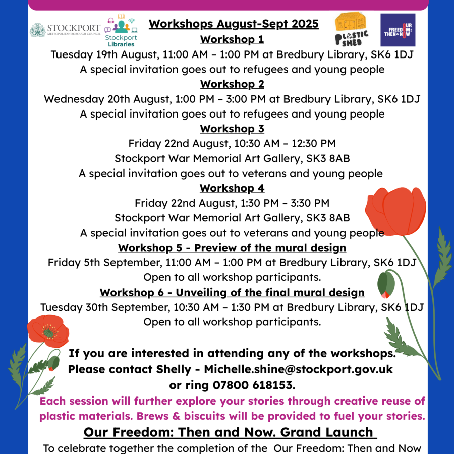 The image is a poster containing information about 6 workshops run by Stockport Libraries and Plastic Shed in August and September. They are exploring our communities ideas of Freedom which will be turned into a bottle top mural at Bredbury Library.                  exploring peoples id