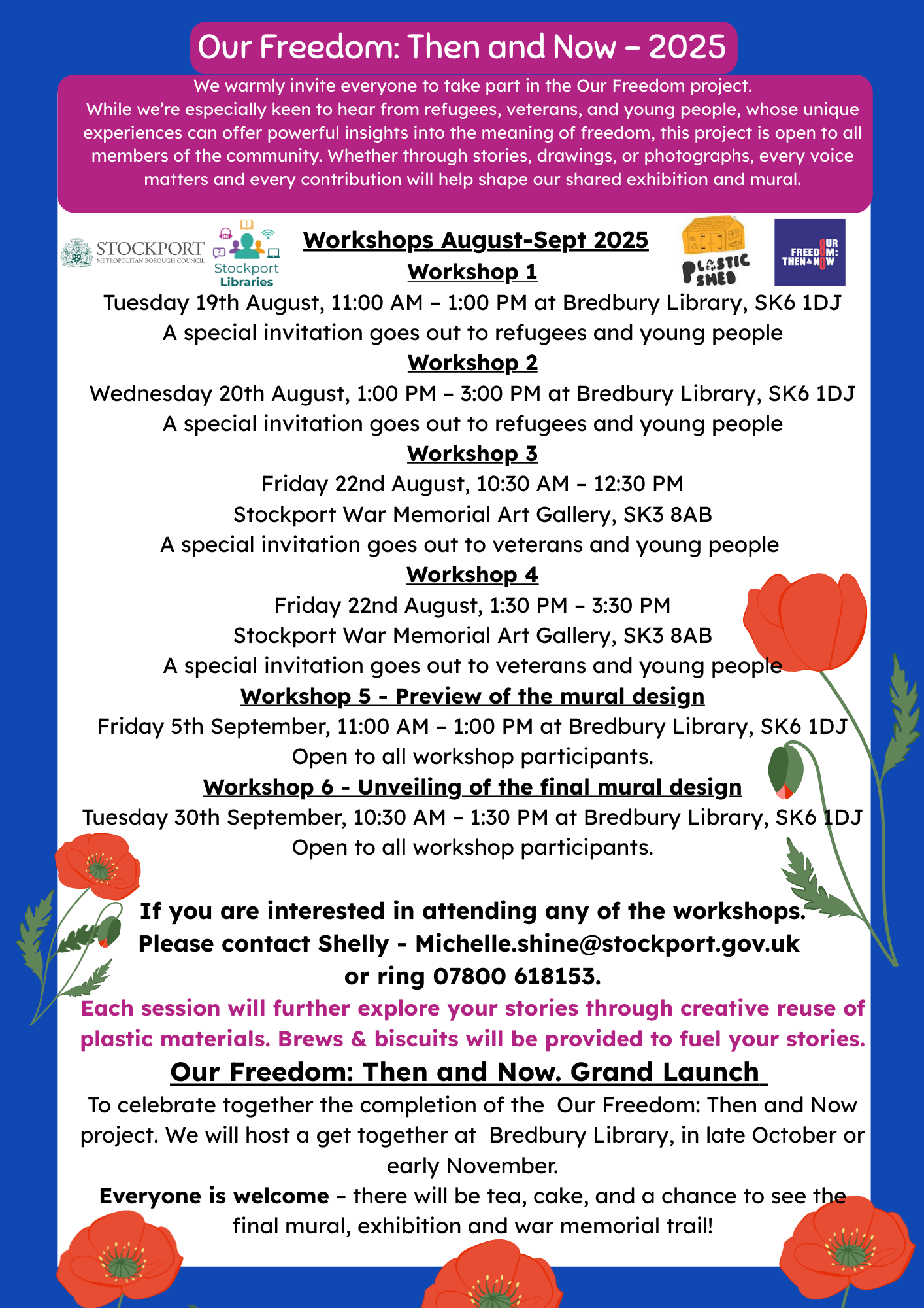 The image is a poster containing information about 6 workshops run by Stockport Libraries and Plastic Shed in August and September. They are exploring our communities ideas of Freedom which will be turned into a bottle top mural at Bredbury Library.                  exploring peoples id