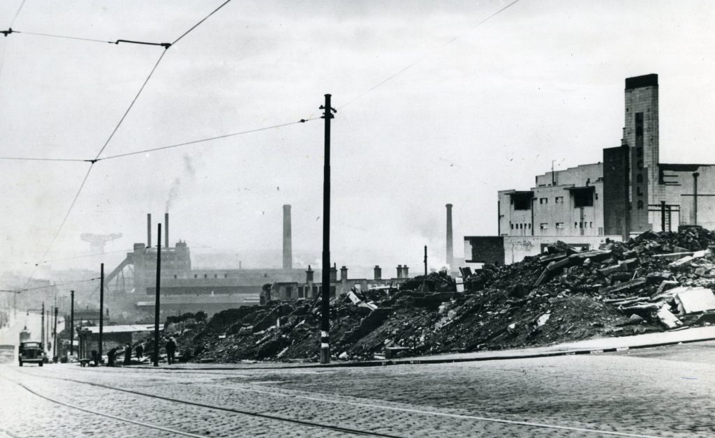 A photo of the damage inflicted on Kilbowie Road following the Clydebank Blitz
