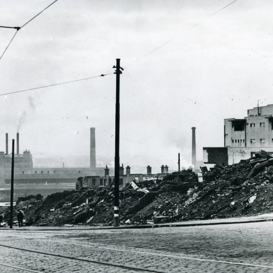 A photo of the damage inflicted on Kilbowie Road following the Clydebank Blitz