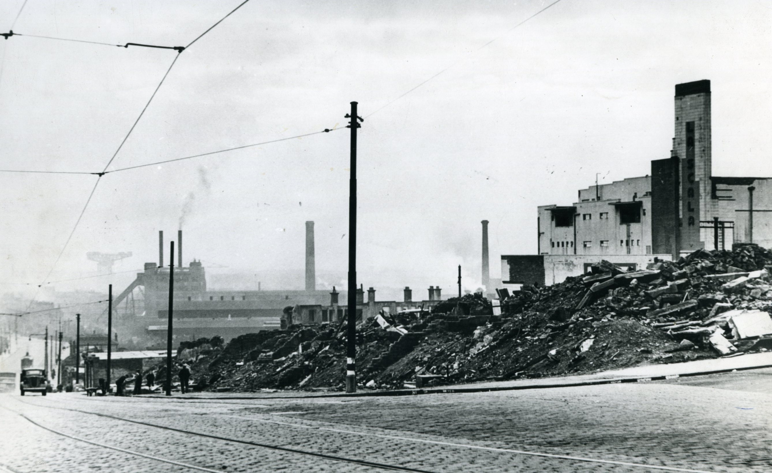 A photo of the damage inflicted on Kilbowie Road following the Clydebank Blitz
