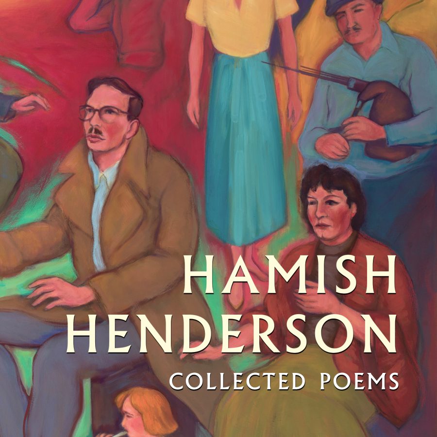 A picture of the Collected Poems of Hamish Henderson featuring a portrait of Hamish performing his work.