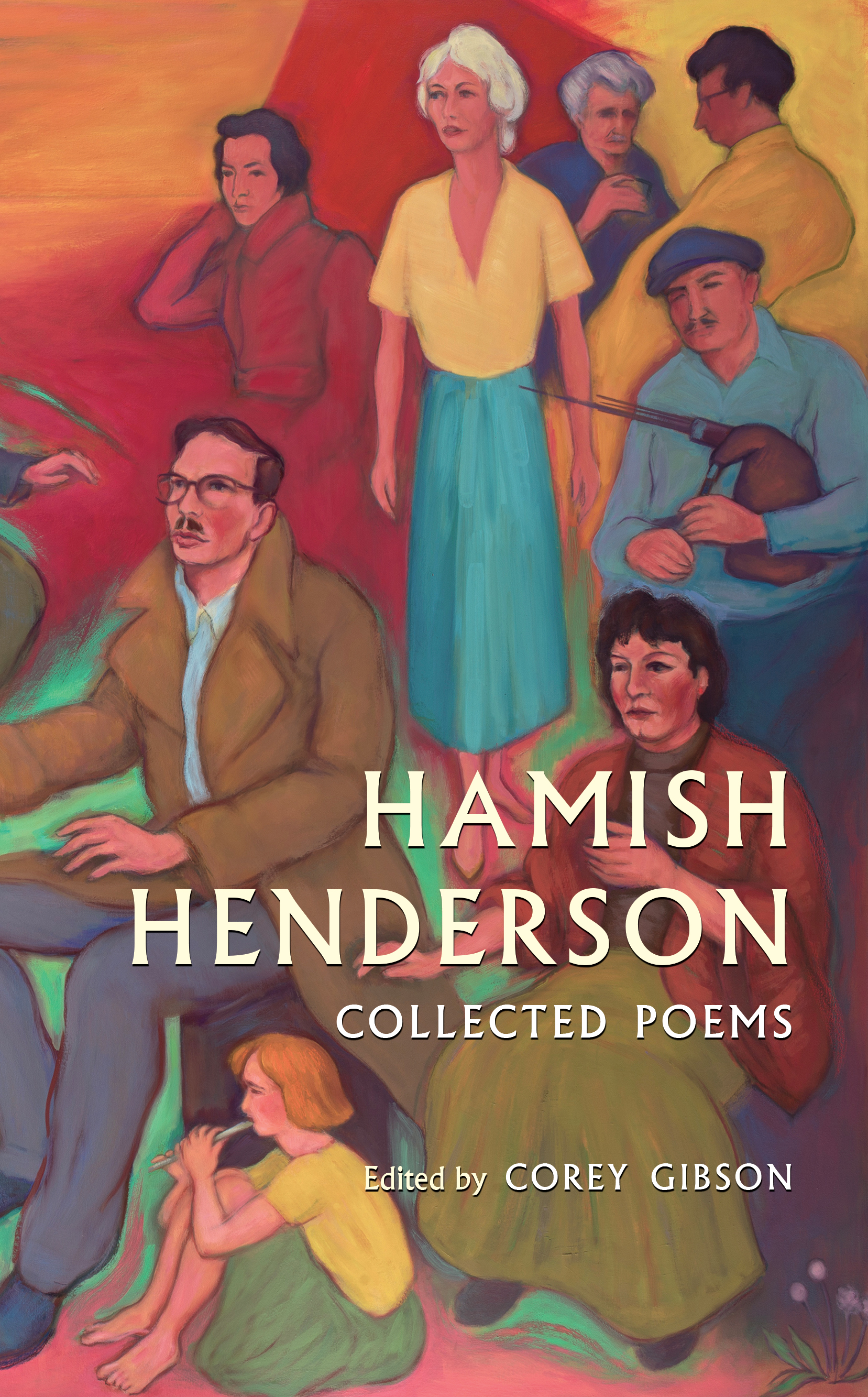A picture of the Collected Poems of Hamish Henderson featuring a portrait of Hamish performing his work.