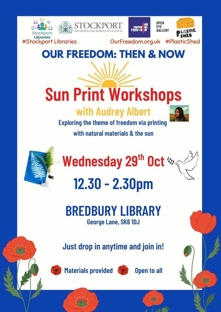 Invite to Sun Print workshop at Bredbury Library Weds. 29th Oct. 12.30-2pm. Free art workshop.