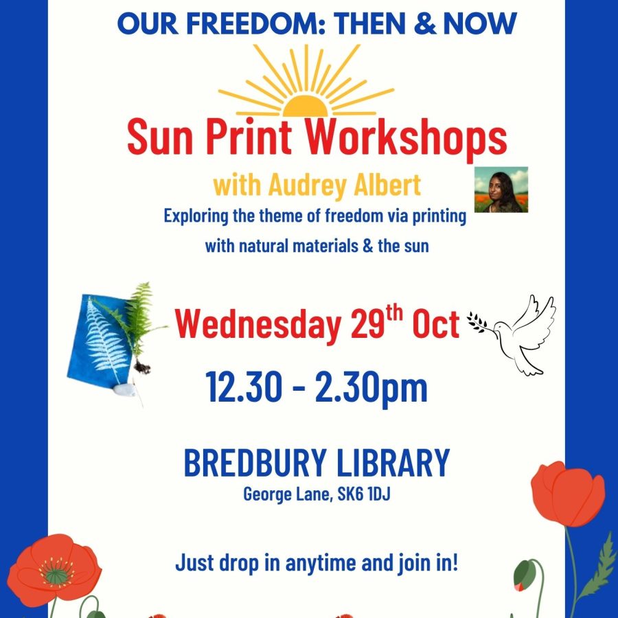 Invite to Sun Print workshop at Bredbury Library Weds. 29th Oct. 12.30-2pm. Free art workshop.