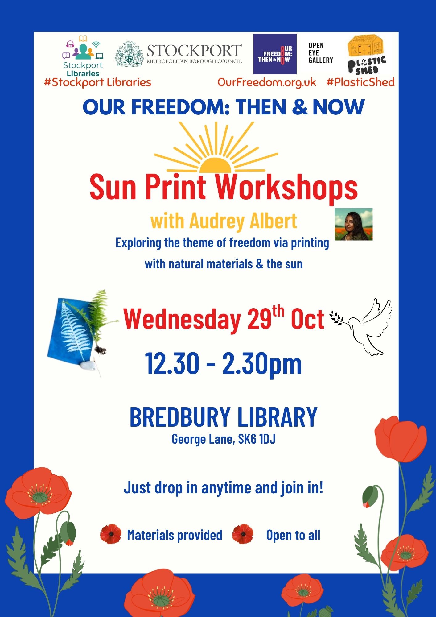 Invite to Sun Print workshop at Bredbury Library Weds. 29th Oct. 12.30-2pm. Free art workshop.
