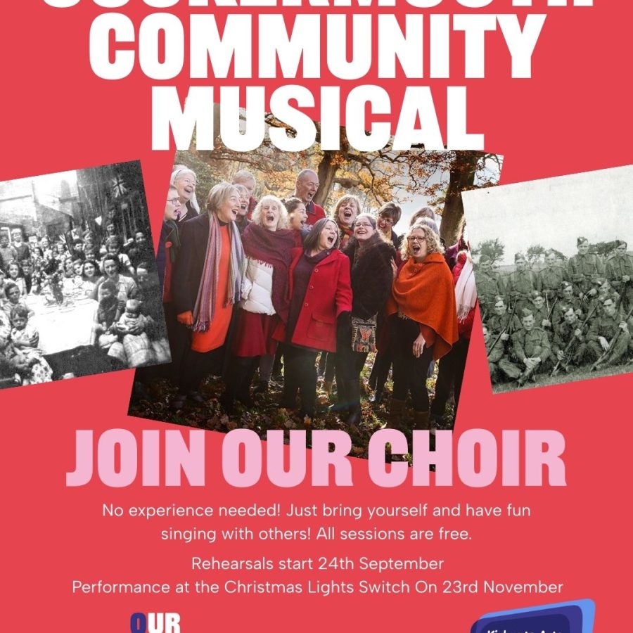 Our Freedom then and Now Cockermouth Community musical flyer with three photos. A black and white image of evacuated families at a street party with bunting at the end of World War Two