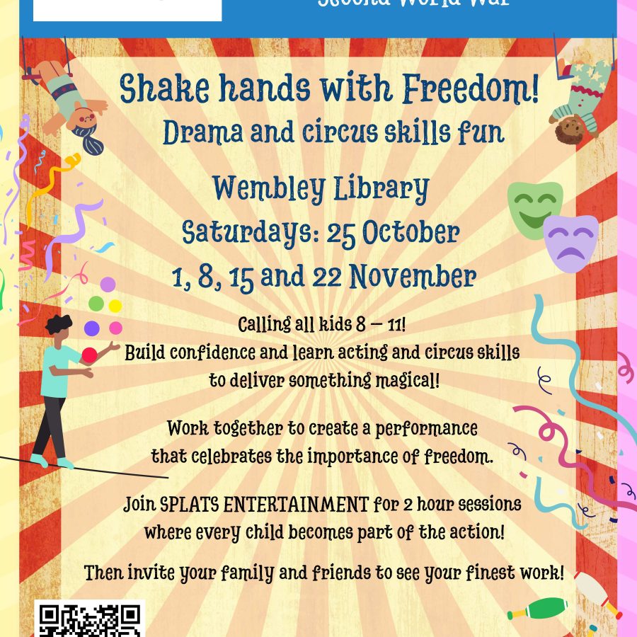 A poster advertising the 'Shake hands with Freedom!' event on Saturdays from 25 Oct - 22 Nov