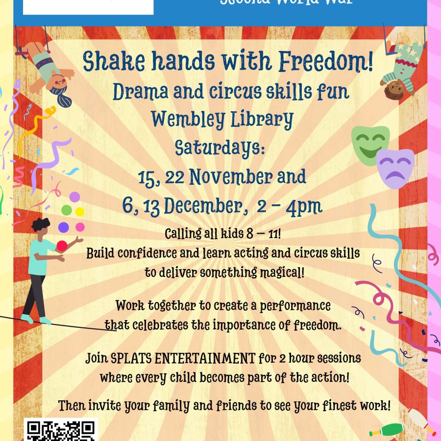 A poster advertising the 'Shake hands with Freedom!' event on Saturdays from 15 - 22 Nov and 6 - 13 Dec
